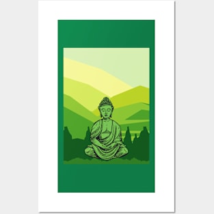 Vibrant Green and Yellow Mountain Buddha Graphic Posters and Art